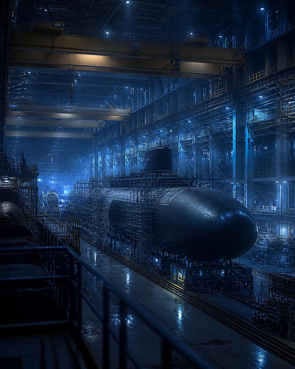 Submarine build hall at night, lit by blue work lighting